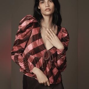 Anthropologie Maeve Velvet Babydoll Top Red Pink Puff Sleeve Large